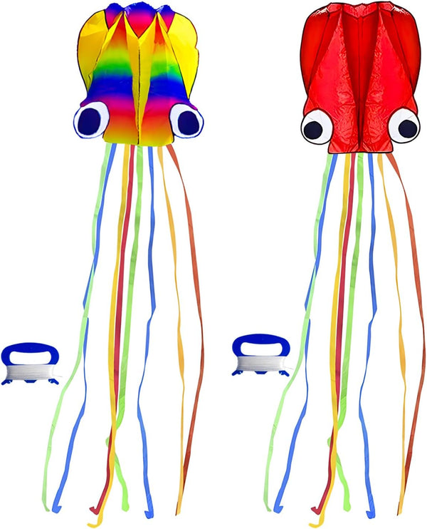 Large Octopus Kites for Kids & Adults, 2 Packs (Rainbow+Red), Big Kite for Beginners, Kites for Ages 4-8, Outdoor