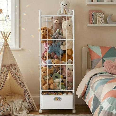 Stuffed Animal Storage, Metal Stuff Animals Zoo Holder with Fabric Drawer and Wheels Tall Vertical Plushies Toy