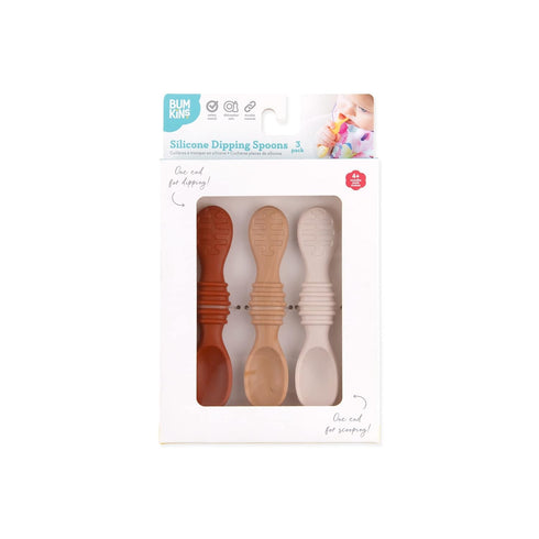 Bumkins Baby Utensil Set, Silicone Trainer Spoons for Dipping, Soft Tip, Self-Feeding, 3-pk Beige/Brown