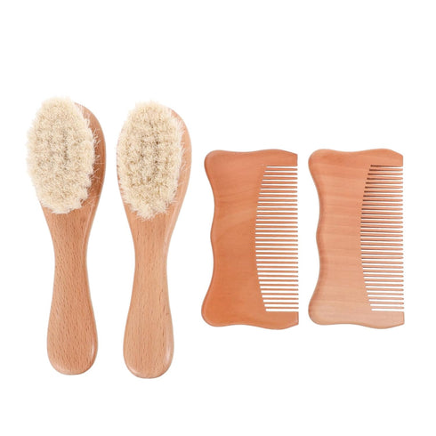 Woolen Hair Brush and Wooden Comb Set for Scalp Care, Beech Wood