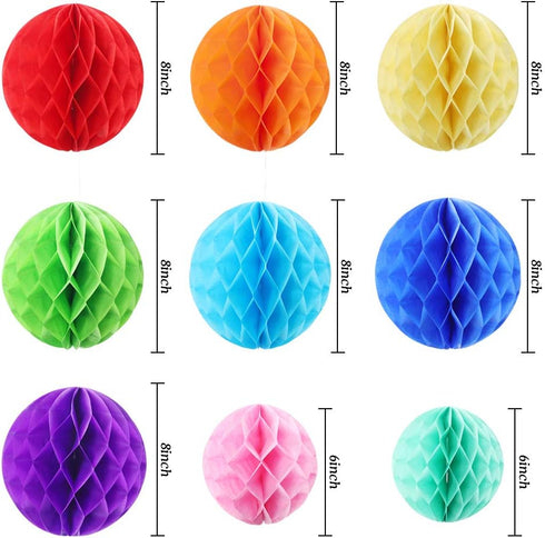 Happy Birthday Banner Decorations Set - Rainbow Paper Flags with 9 Honeycomb Balls and Circle Dots Garland