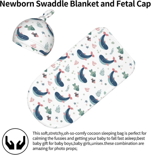 Sozzjile Set, Cute Whale Baby Stuff Swaddle Blanket with Beanie Fishes Ocean Newborn Blanket Swaddle Sack for Girls