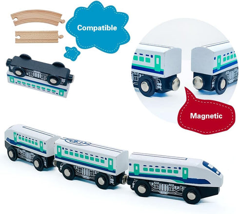 Wooden Bullet Train Cars Track Accessories Set - High-Speed City Train Toys for Boys and Girls