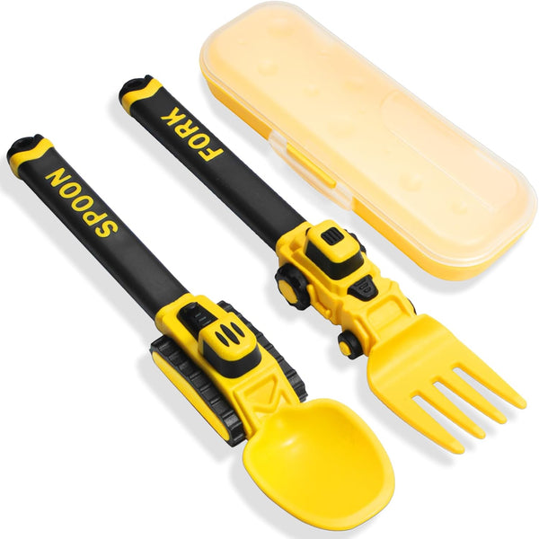 Construction Toddler Utensils Set, Reusable Plastic Fork and Spoon with Storage Case for Kids Gifts