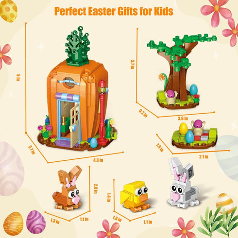 Set, 2 Easter Bunny Carrot House Building Rabbits, Chick, Colorful Easter Egg and Basket Toy, Building Blocks Kit