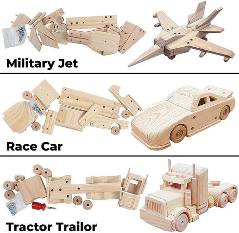 Kraftic Woodworking Building Kit for Kids and Adults - 3 Educational DIY Carpentry Projects, Wooden Military Jet, Race
