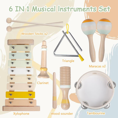 Montessori Wooden Toys for Toddlers 1-3, Baby Musical Instruments Set with Modern Boho Xylophone, Neutral Colors 3+