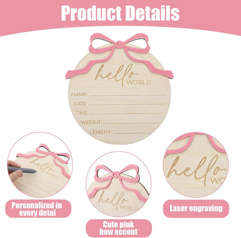 Nogeqi Hello World Newborn Sign Baby Name Announcement Sign Bow Birth Announcement Sign for Hospital Baby Welcome