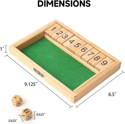 GSE Wooden Shut The Box Dice Game Board, 9 Numbers, 2 Wooden Dices, Classic Tabletop Version