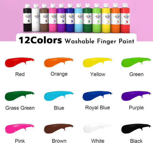 Pack 12 (8.45 oz), 1-3 4 5 6+ ABEIER Washable Finger Paint Bulk for Toddlers, Safe Non-Toxic, Vibrant Colors Fl Baby