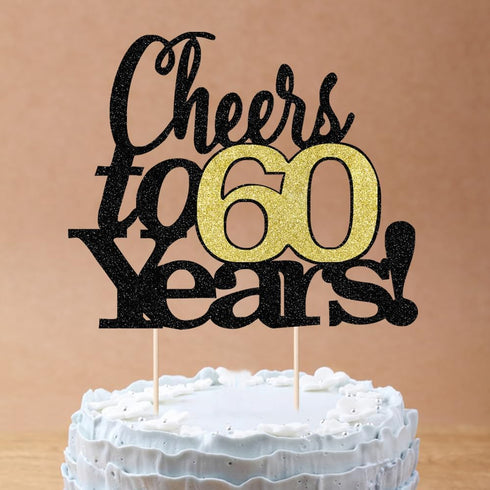 LVEUD Black Font Golden Numbers Cheers to 60 Years Happy Birthday Cake Topper - Wedding, Anniversary, Birthday