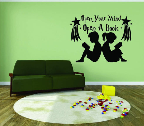 Open Your Mind Open A Book Reading Quotes Wall Sticker - Vinyl Wall Decal for Kids Bedroom Nursery