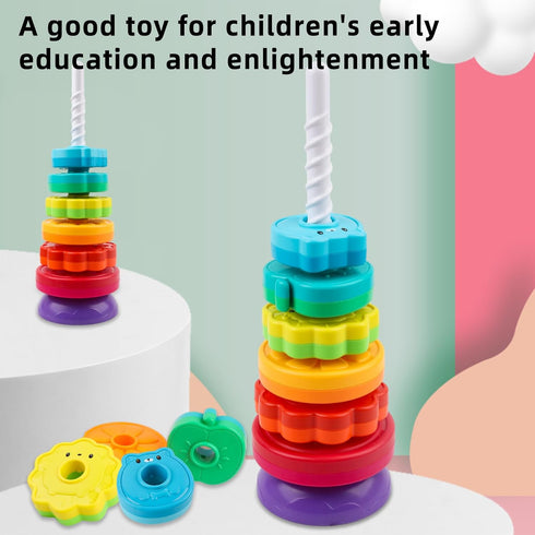 Spinning Stacking Toys for Babies 12+ Months, Rainbow Ring Flowers Animals Fruits Theme Stacker for Toddlers