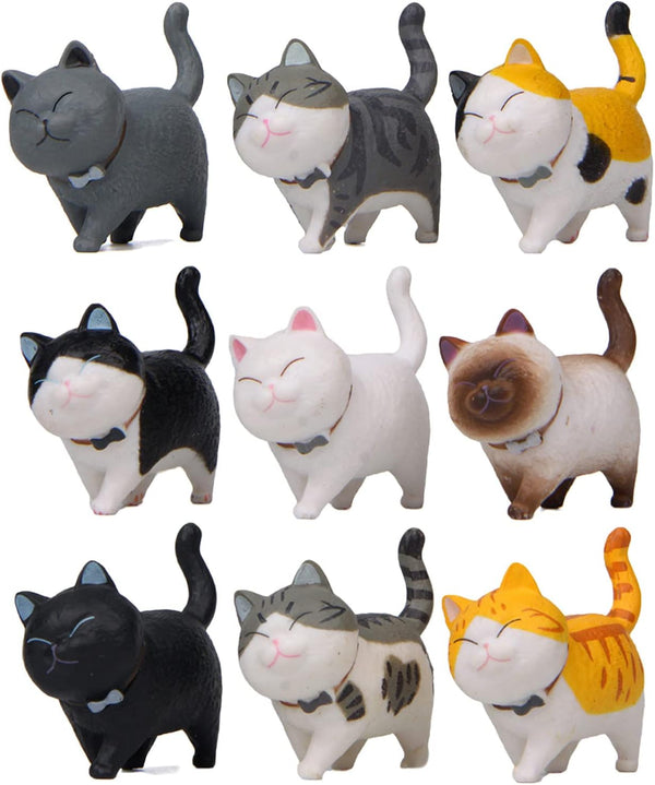 9 Pcs Cute Miniature Cat Figure Toys, Animal Characters Collection Playset, Cake Topper, Plant Decoration