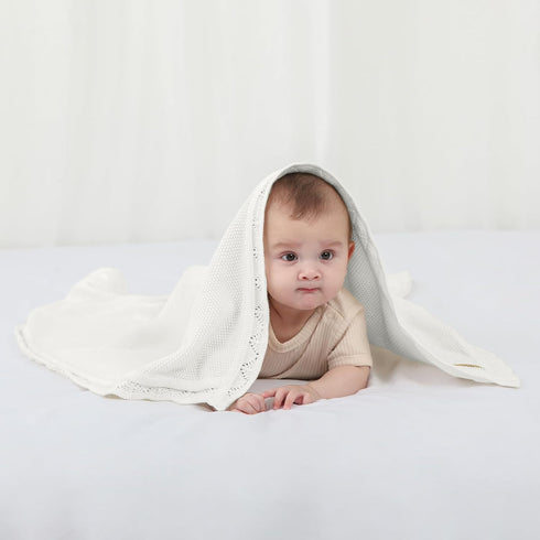 Knitted Baby Blanket, 100% Cotton Receiving Swaddle Crib Blanket, 40 x 31 Inch, White for Newborns