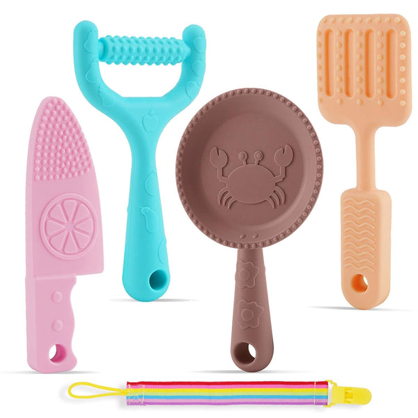 0-BPA Silicone Culinary Kitchen Utensil Baby Teething Toys: Chef Cooking Role Playing Games Training for Infants, 4 Pack