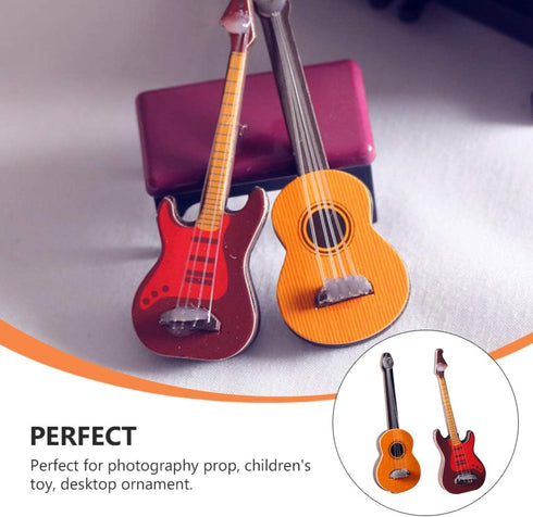 Toyvian 2Pcs Miniature Guitar Dollhouse Musical Instrument, Wood Bass Guitar Model Ornament