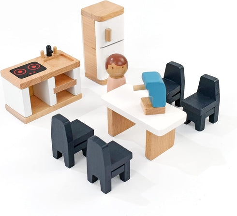 PairPear Wooden Toys Dollhouse Furniture Playset - 35 Piece Furnitures with Family Dolls, Doll House Accessories for