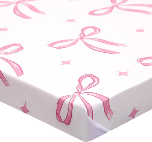 4 Pack 52'' 28'' Set CroBlissful Coquette Pink Bows Baby Crib Fitted Sheet x Pink Bows Fitted Crib Mattress Sheet