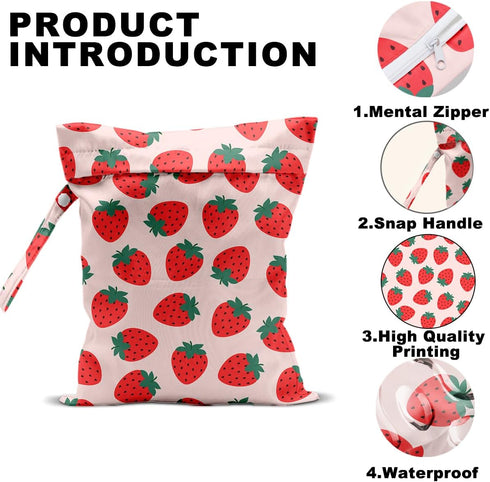 CQM Summer 12x10 Inch, Fruits Wet Bags Strawberry Waterproof Travel Laundry Bags, Reusable Wet Dry Bag for Swimsuit