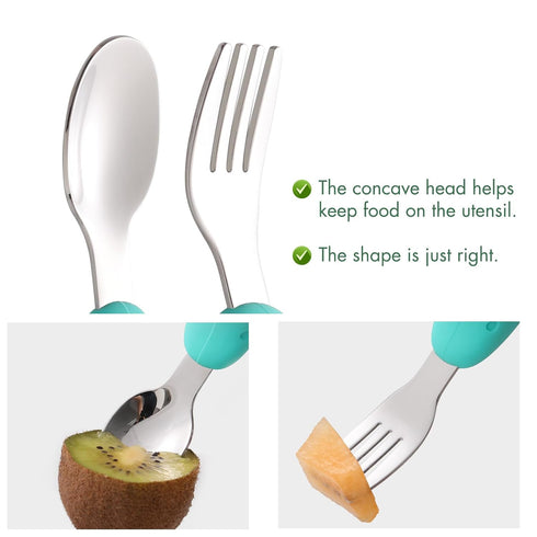 Baby Fork and Spoon Set with Carry Case, Toddler Training Utensils in Silicone and Stainless Steel - Dinosaur Design