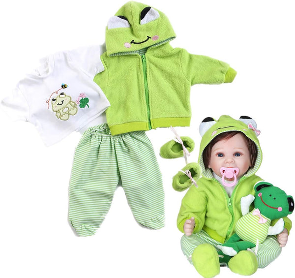 Reborn Baby Girl Boy Dolls Clothes - 4 pcs Sets for 22 Inch Dolls, Green Frog Outfit Accessories