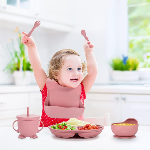 Losecu Set|Baby Set Silicone Feeding Led Weaning Supplies|Suction Plate Bowl with Bib, Spoon, Fork, Sippy Cup|Feeding