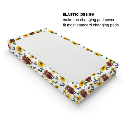 Highland Cows Boho Sunflowers Changing Pad Cover, Cute Yak Floral Diaper Sheets, Soft Breathable Stretchy Mats 32''x16''