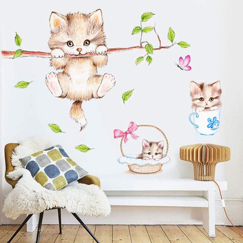 Kiddale Cute Cat Wall Decals - Removable Cat Tree Branches Butterfly Wall Stickers for Kids Rooms Nursery Decoration