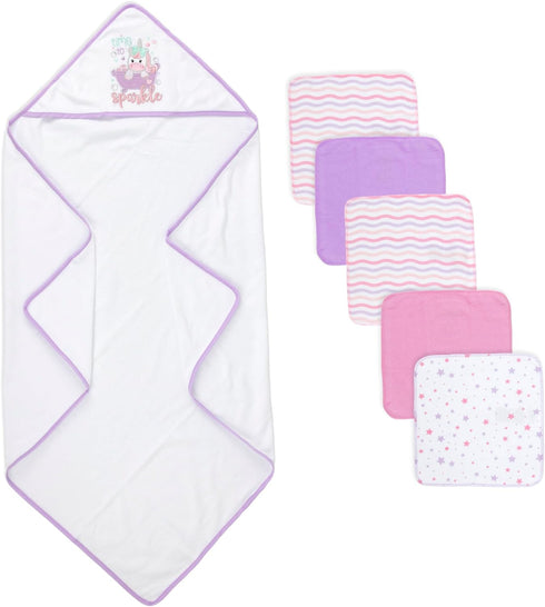 Set 6-12 Baby Hooded Bath Towel and Washcloth for Infant Girls Months (Little Sprinkle Magical Unicorn)