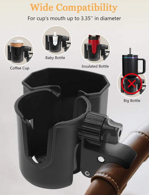 360 Universal Stroller Cup Holder with Phone Holder, Rotatable Strong Clip, Big Storage Space for Walker, Wheelchair