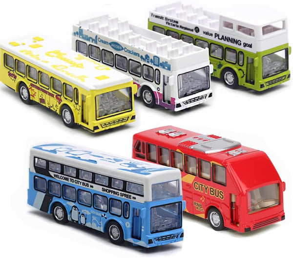 Die Cast Metal Toys Buses Set, 1:64 Scale Double Decker City Bus Vehicles, Openable Doors, Pull Back Cars for Kids