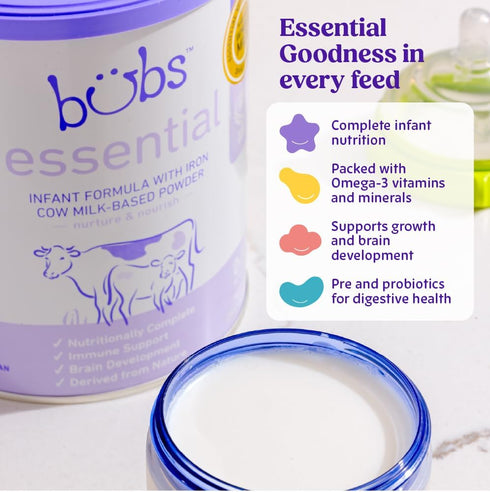0-12 20 oz Bubs Essential Infant Formula, with Iron, Cow Milk-Based Powder, for Infants Months, Made with Non-GMO Milk