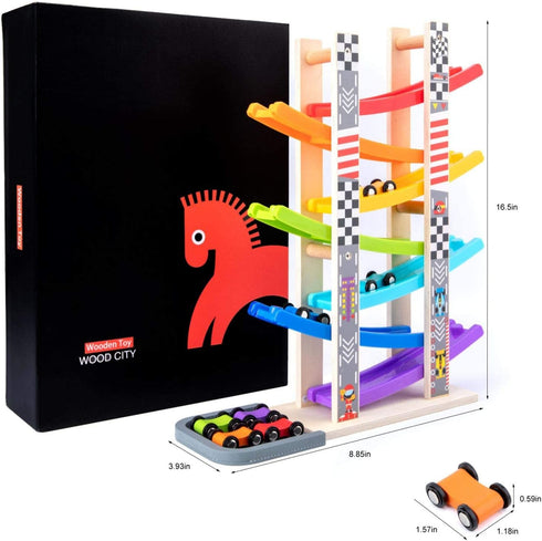 1 2 3 Set 7 Wood City Toddler Toys for Years Old, Wooden Car Ramp Racer Toy Vehicle with Mini Cars & Race Tracks