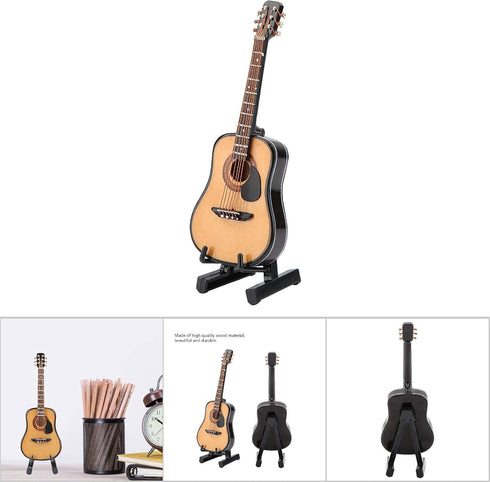 Miniature Guitar Model, Wooden Dollhouse Guitar with Stand and Case, Musical Instrument Home Decor (10CM)