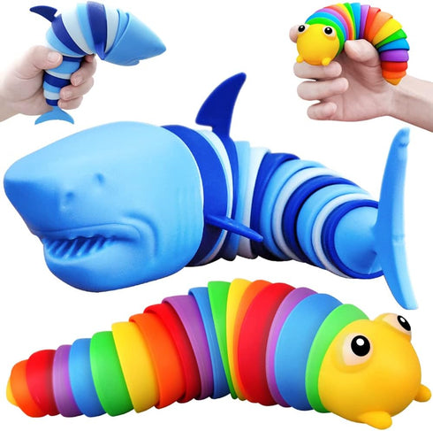 LUSTERMOON 2 Pieces Articulated Fidget Toy, Rainbow Caterpillar Toy Ocean Shark Decompression Toys, Stim Toy