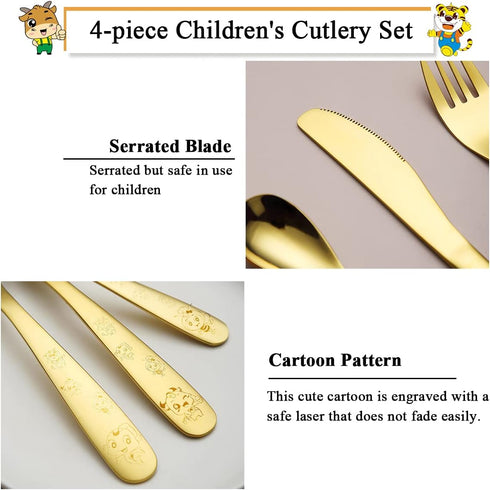 Berglander Gold Toddler Utensils Set, 4 Pieces Golden Titanium Plating Kids Silverware, Safe Forks and Spoons