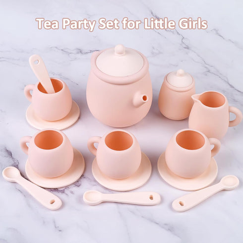 Set, Set 4 4 Set MCGMITT Silicone Tea Party Toy Tea for Toddlers Kids, Includes Teapot, Tea Cup and Coasters, Creamer