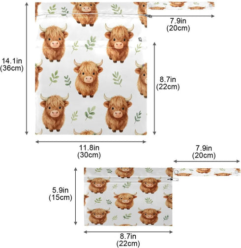 Haskirky 2 Cute Highland Calf Pcs Cloth Diaper Wet Dry Bags,Waterproof and Washable Bag for Travel Reusable Wet Bag