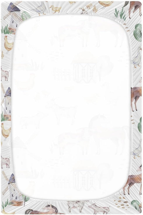 CHUROUSY 28x52 Inch Farm Animals Baby Crib Sheets Cute Horse Cow Lamb Chicken Pig Hen Duck Mattress Cover Farmhouse