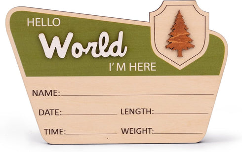 TTMerriwood Adventure Hello World I'm Here Sign, Wooden Retro Birth Announcement Prop, 6.5"
