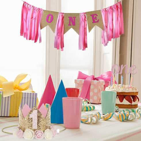 Birthday Crown Hat for Girls, Princess Sparkle Pink Flower Headband Party Decorations