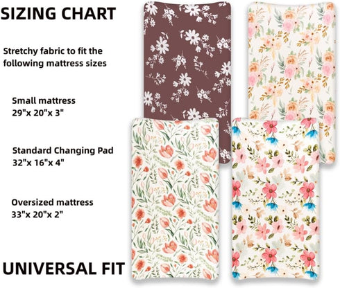 FIGEPO 4 Pack Set Baby Girl Changing Pad Covers Sheets Soft Fitted Floral or Elephant Theme Baby Girl Mattress Covers