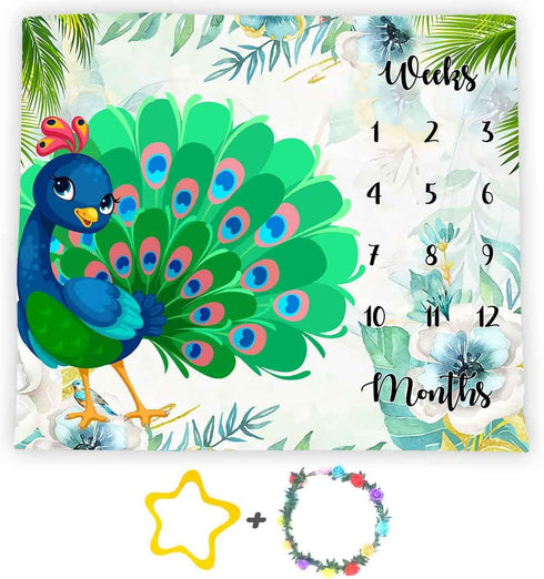 Peacock Baby Monthly Milestone Blanket, 48x40in Soft Flannel, Colorful Feathers, Newborn Mom Gifts, Baby Shower Age
