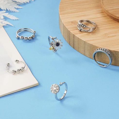 Aucuu 6PCS Set Anti Anxiety Fidget Ring for Women, Open Adjustable Ring, CZ Cubic Zirconia Diamond Rings, Rotatable