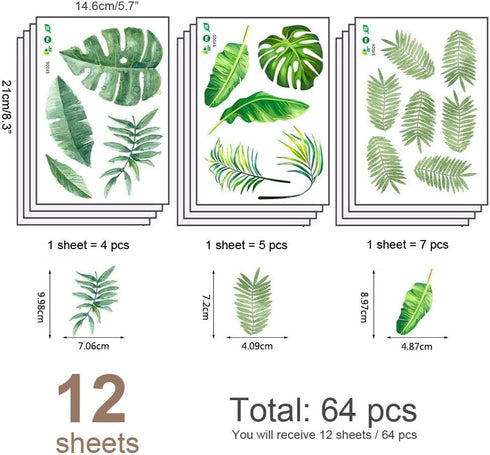 Leaf Wall Decals, H2MTOOL 64 PCS Removable Tropical Plants Stickers for Kids Nursery Room Decor