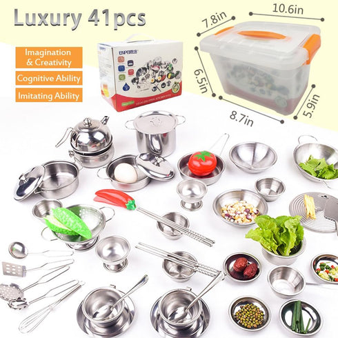Tiny Size Kitchen Pretend Play Toys - Super Deluxe Stainless Steel Pots & Pans Play Kit with Storage Box for Toddlers