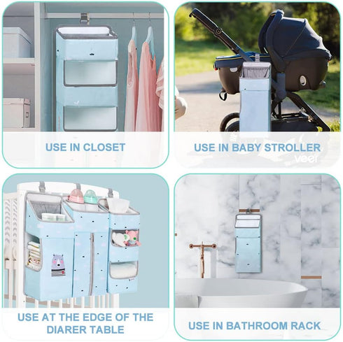 Hanging Diaper Caddy Organizer for Baby Crib - 3-in-1 Diaper Stacker for Changing Table Nursery Storage Holder (Sky