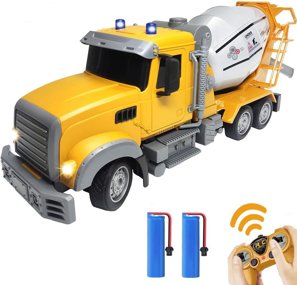 RC Cement Mixer Toy Truck for Boys, 6 Channel Remote Control Construction Toys with 2 Rechargeable Batteries