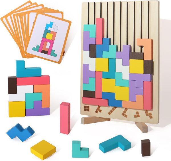 WISBOOK Wooden Colored 3D Russian Block Puzzle Jigsaw Stacking Montessori Toys Educational Gift